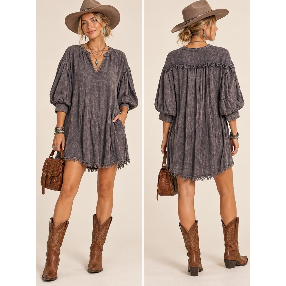 Boho Western Mineral Wash Dress M Balloon Sleeve Fringe Hem Pockets Festival